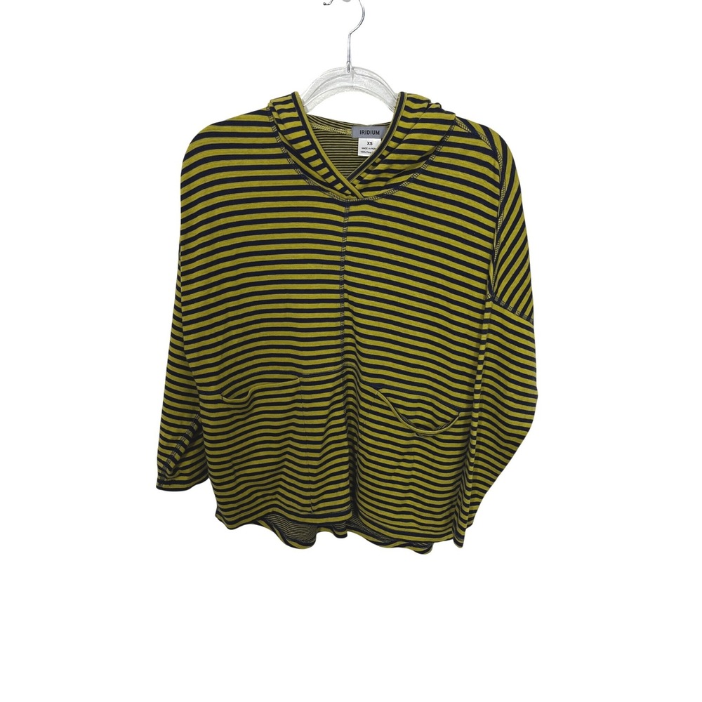 Iridium Hoodie Top Womens XS Yellow‎ Navy Striped Pima Cotton Lagenlook Pockets